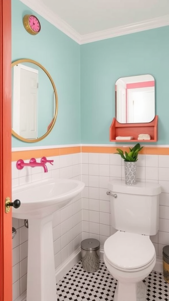 A bright bathroom with blue tiled walls and colorful fixtures