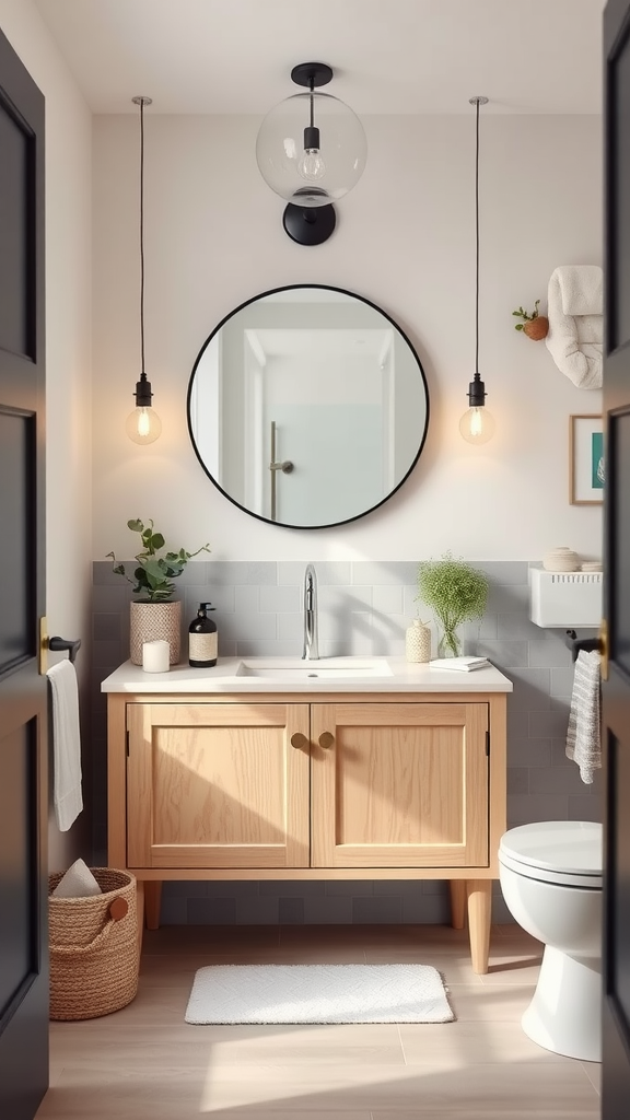 Scandinavian-style bathroom featuring a light wood vanity, round mirror, and soft lighting.