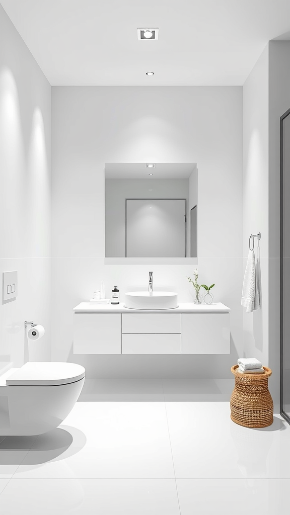 Minimalist all-white bathroom featuring a floating vanity, frameless mirror, and a woven basket