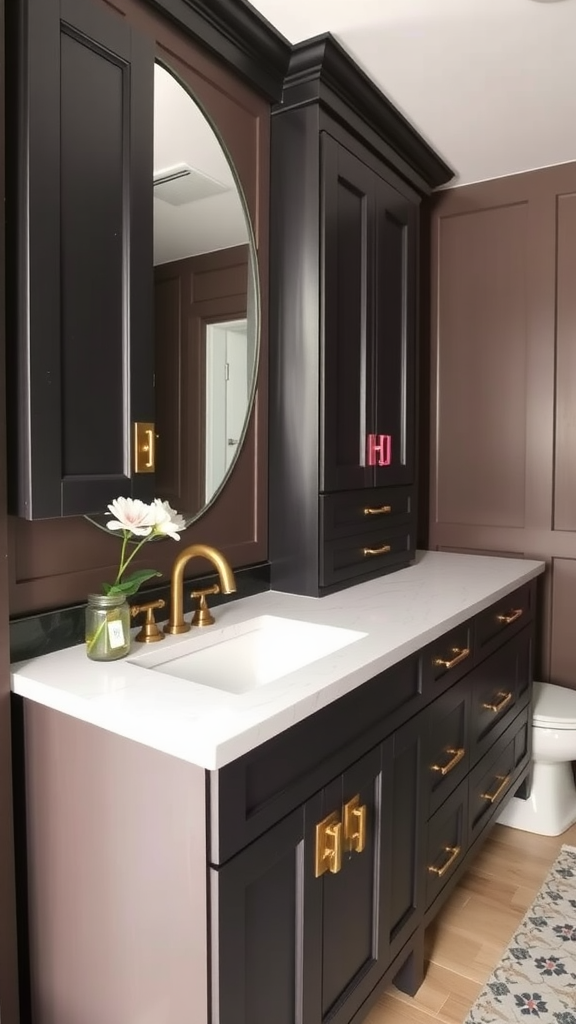 Modern bathroom featuring dark cabinetry with gold hardware and a mirror