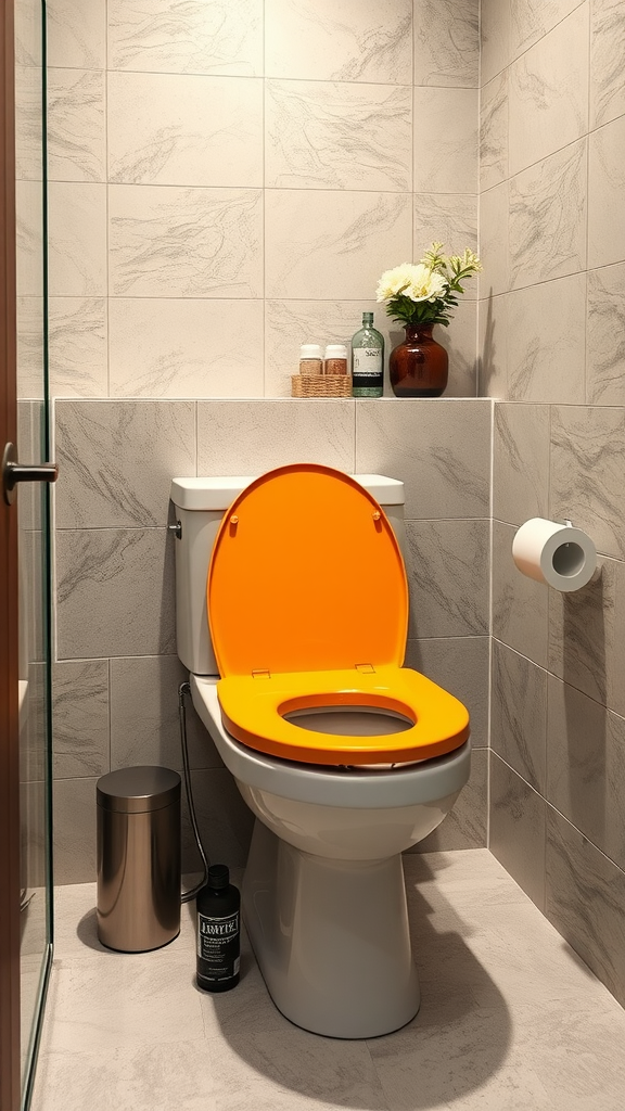 A brightly colored orange toilet seat in a modern bathroom setting.