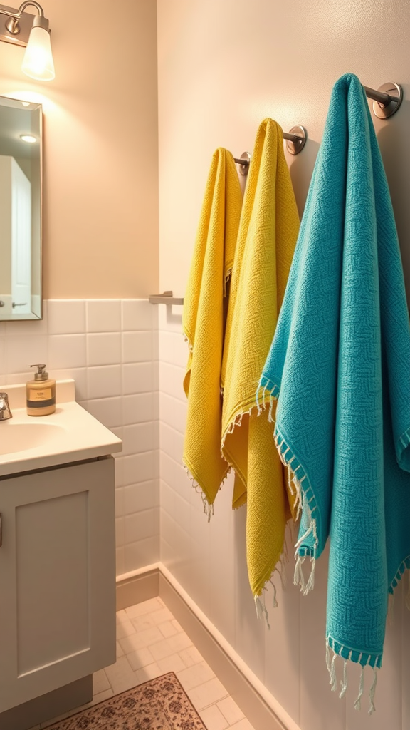 Bright yellow and turquoise towels hanging in a bathroom.