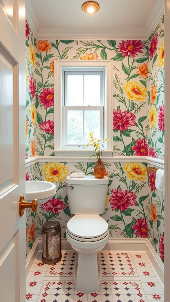 A colorful bathroom featuring floral patterned wallpaper, a white toilet, and a window with natural light.