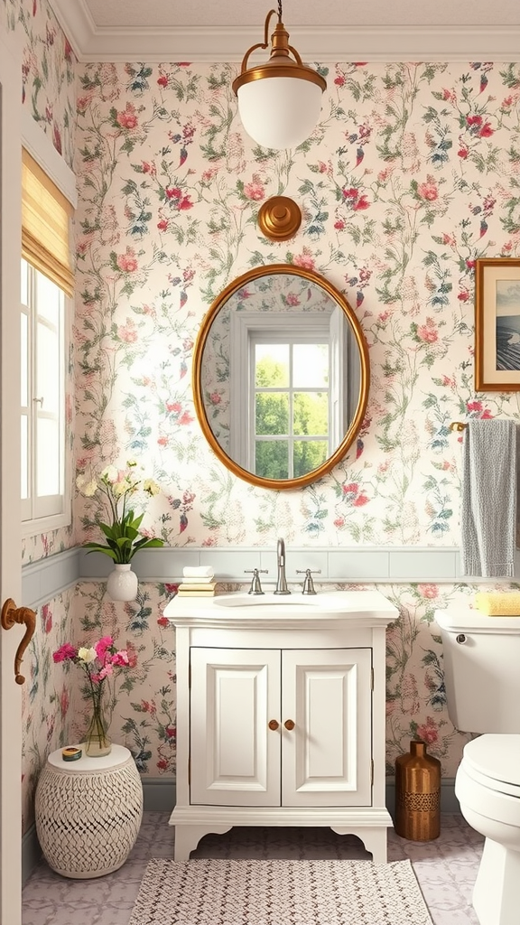 A cozy bathroom featuring floral wallpaper, a round mirror, and a white vanity.