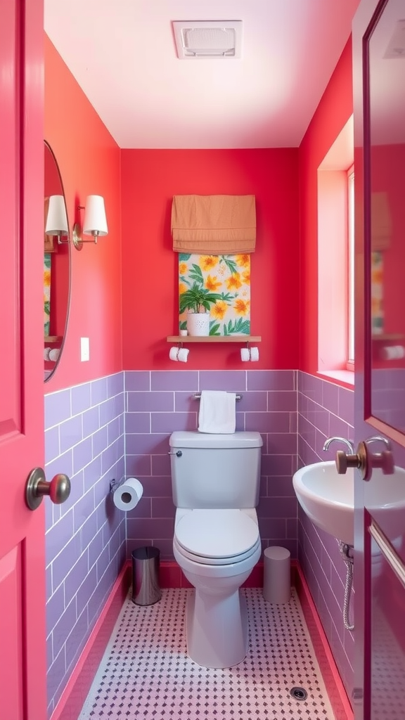 Brightly painted bathroom with red walls and purple tiles, featuring a small sink and toilet.