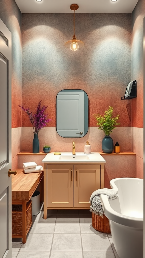 A stylish bathroom featuring ombre wallpaper in shades of pink and red, a modern sink, and decorative plants.