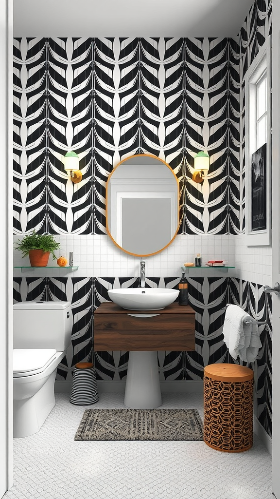 A stylish bathroom featuring black and white geometric wallpaper with leaf patterns, round mirror, and wooden accents.