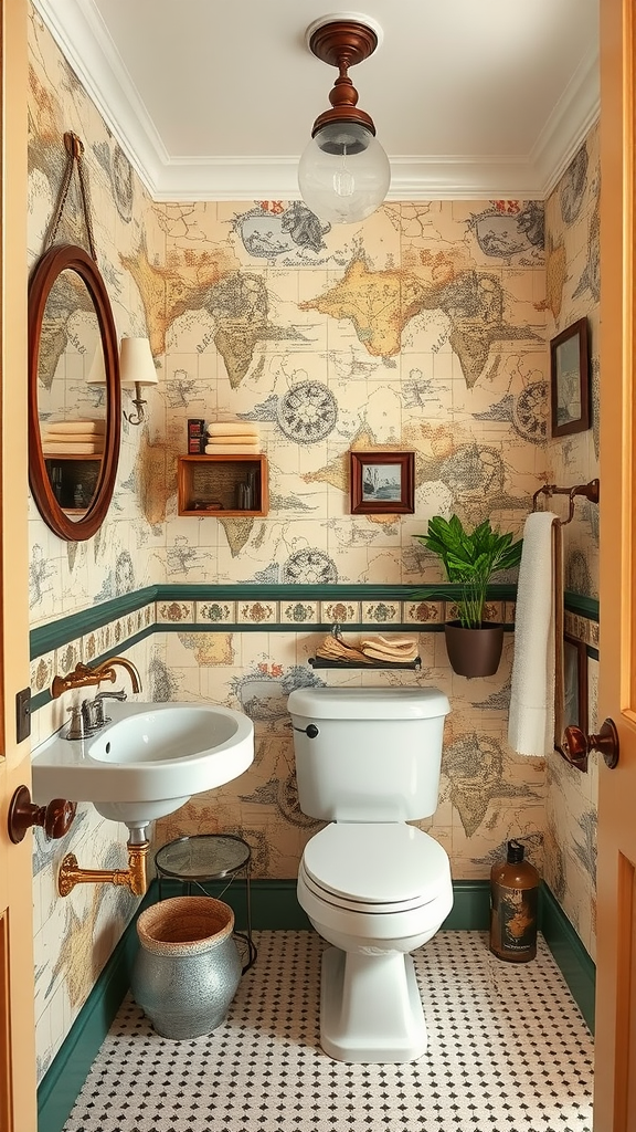 A stylish bathroom featuring vintage map wallpaper, warm lighting, and classic fixtures, creating a cozy atmosphere.