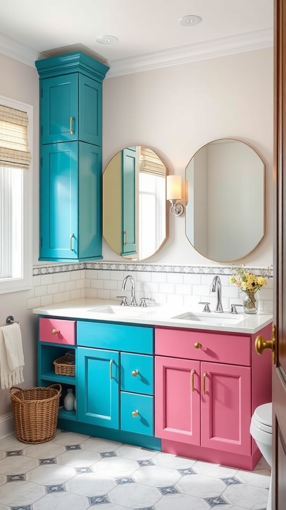 Brightly painted bathroom cabinets in blue and pink with elegant mirrors.