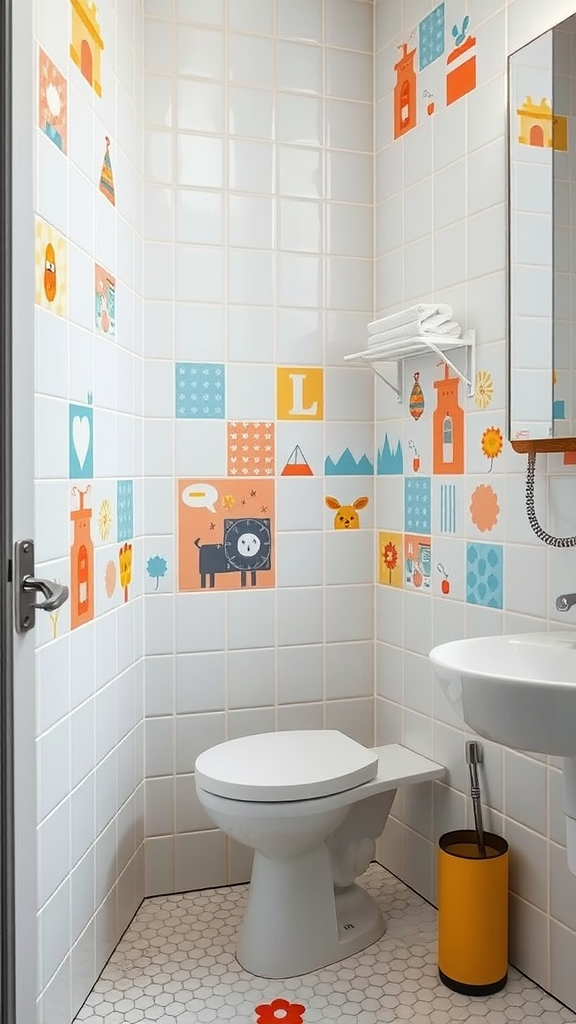 Colorful bathroom with removable tile decals on plain tiles