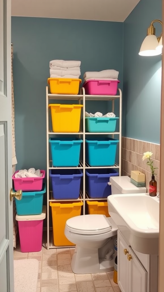 Colorful storage bins in a closet for organization