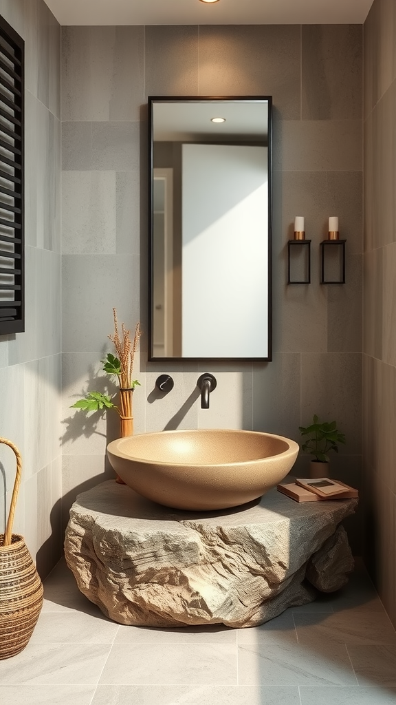 Zen bathroom featuring a natural stone sink and bamboo accents.