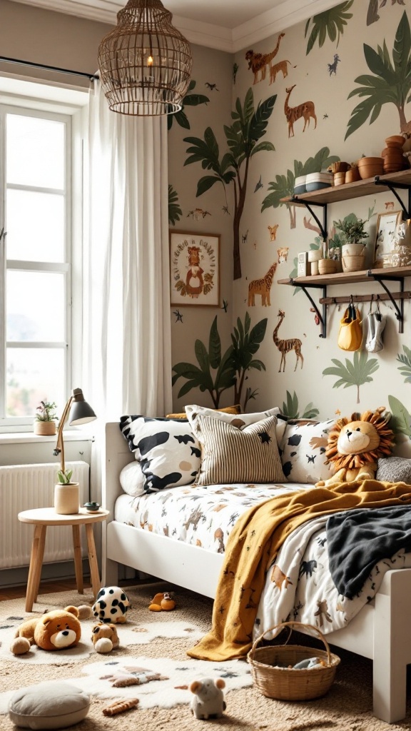 A playful children's room with safari-themed decor, featuring animal prints and cozy furnishings.