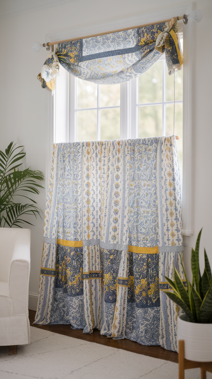 Colorful fabric curtains draped over a window with a cozy plant nearby.