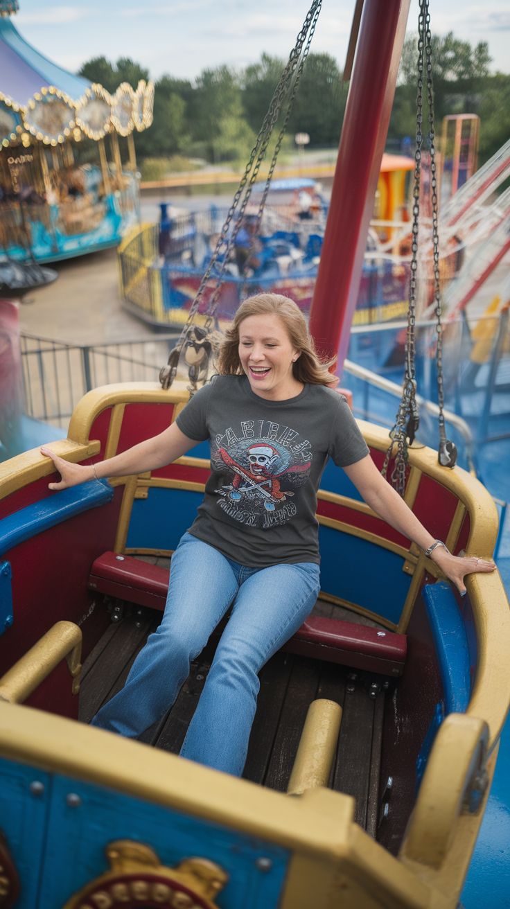 A young woman enjoying a ride at an amusement park, wearing a graphic tee and smiling.