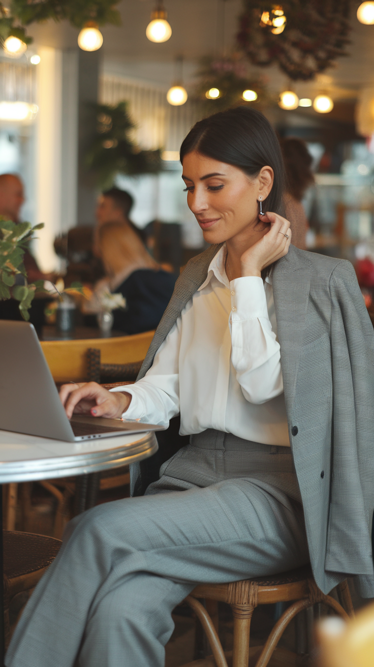 A woman in tailored trousers and a blazer, working on a laptop in a stylish cafe.