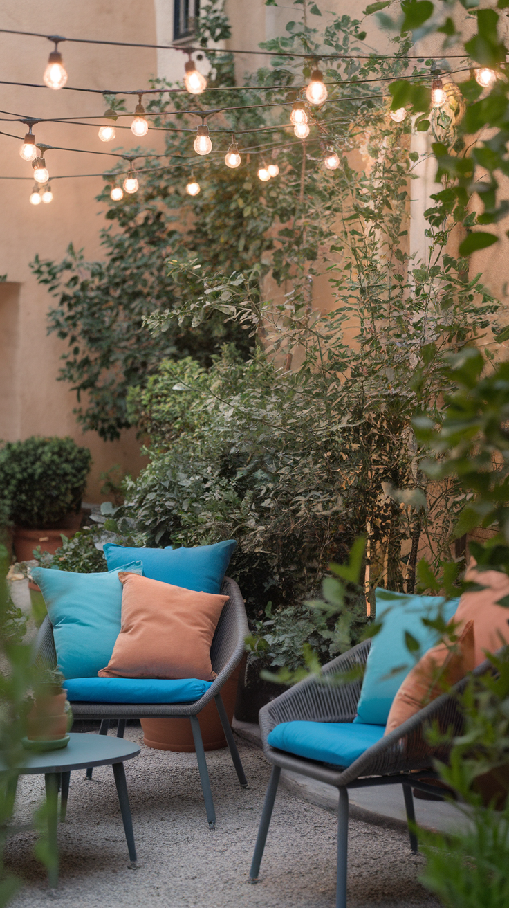 A charming outdoor space with string lights and comfortable seating surrounded by greenery.