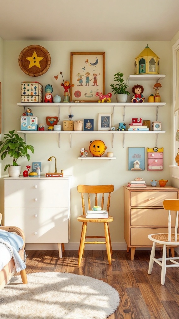 A charming vintage playroom with colorful decorations, toys on shelves, and cozy furniture.