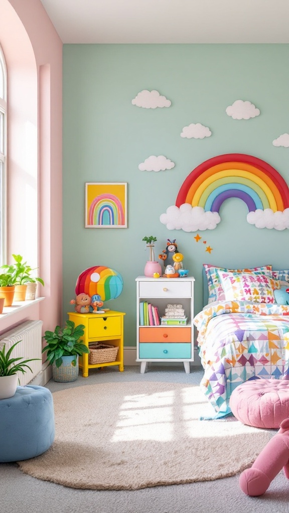 A colorful children's bedroom featuring a rainbow wall decoration, playful clouds, and cheerful decor.