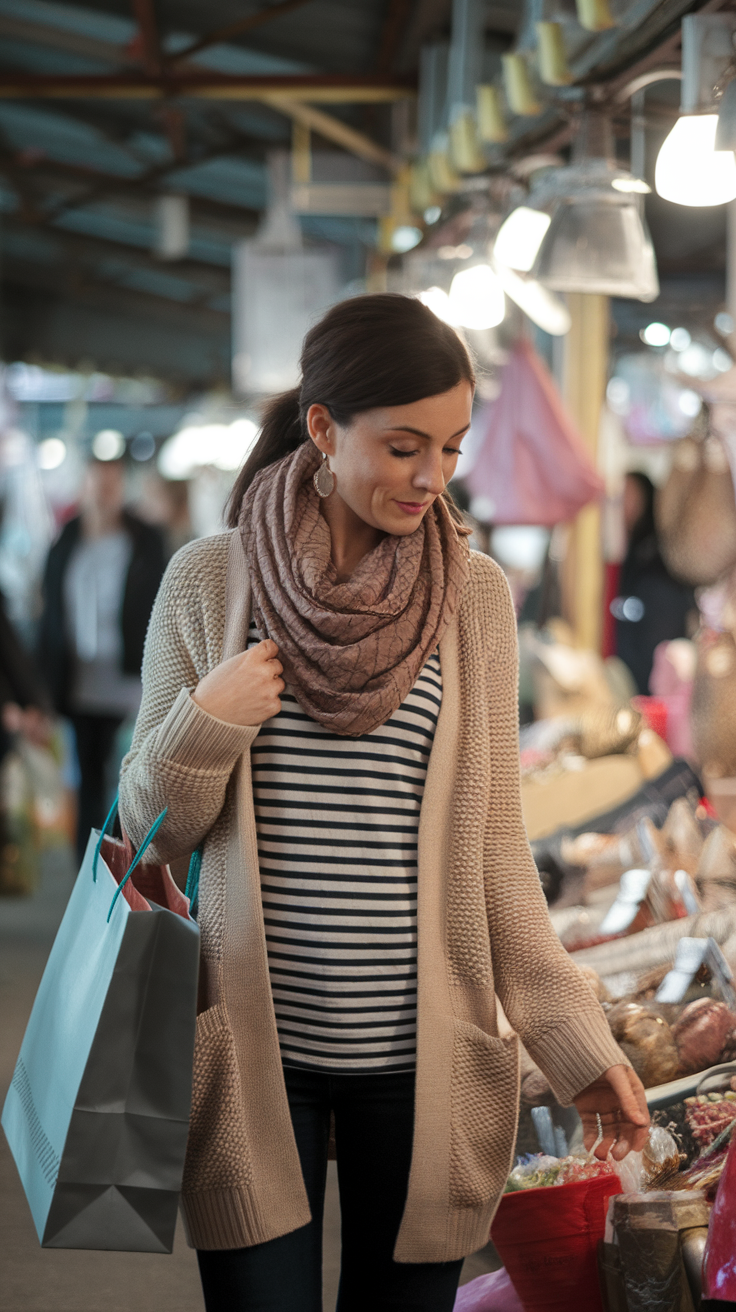 A woman shopping at a market, wearing a striped top, a cozy cardigan, and a stylish scarf.