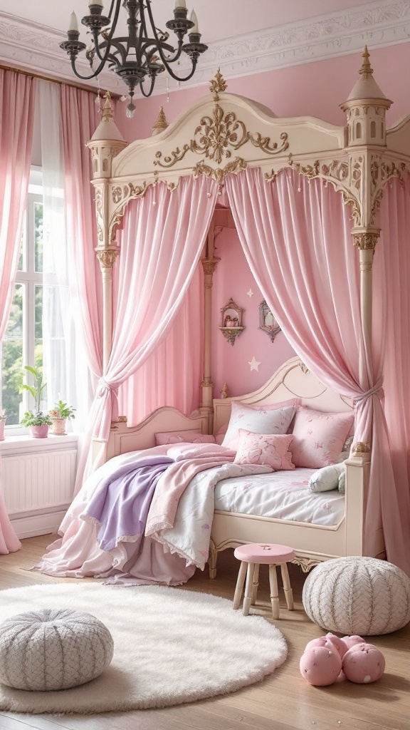 A beautifully decorated princess bedroom with a pink canopy bed and soft furnishings.