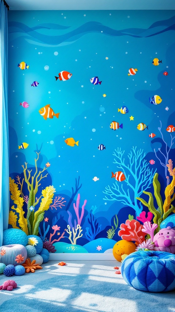 Colorful underwater mural with fish and coral in a room