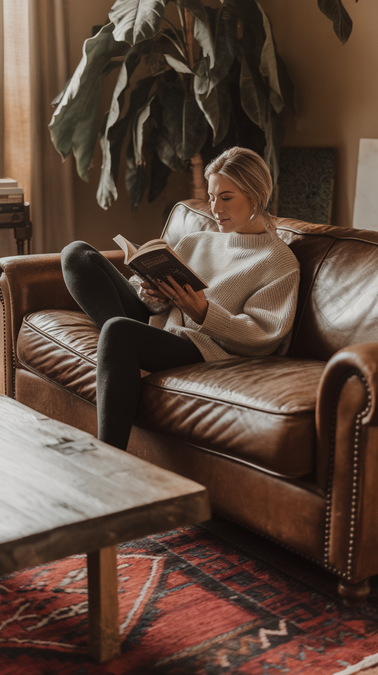 A woman reading a book while wearing an oversized sweater, sitting comfortably on a leather sofa.