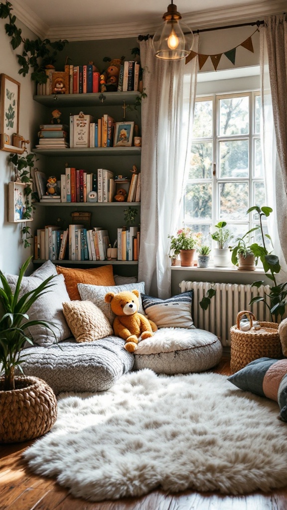 A cozy reading nook featuring soft pillows, a fluffy rug, and shelves filled with books.