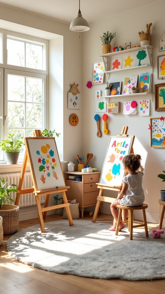 A child sitting in a colorful art studio corner, looking at paintings on easels.