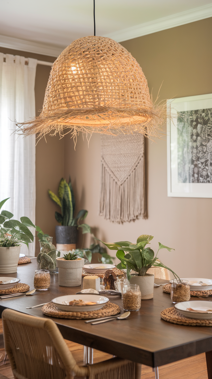 A spacious dining area featuring a woven pendant light, a wooden table set for dinner, and various potted plants.