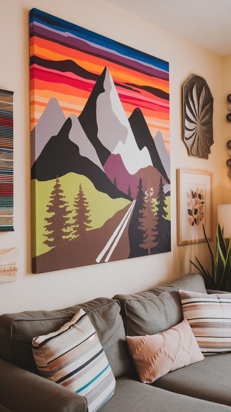 A colorful mountain landscape painting on a wall above a cozy couch.