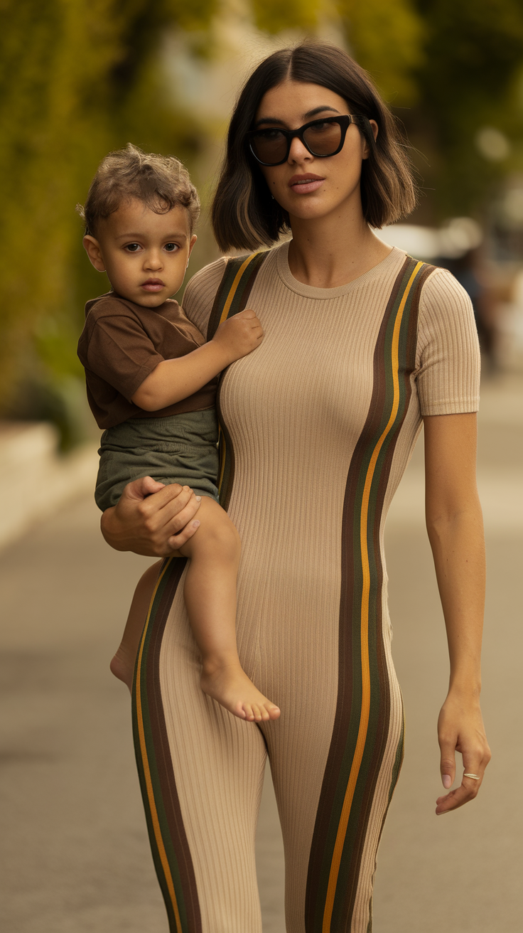 A stylish person wearing a jumpsuit, holding a child, showcasing effortless chic.