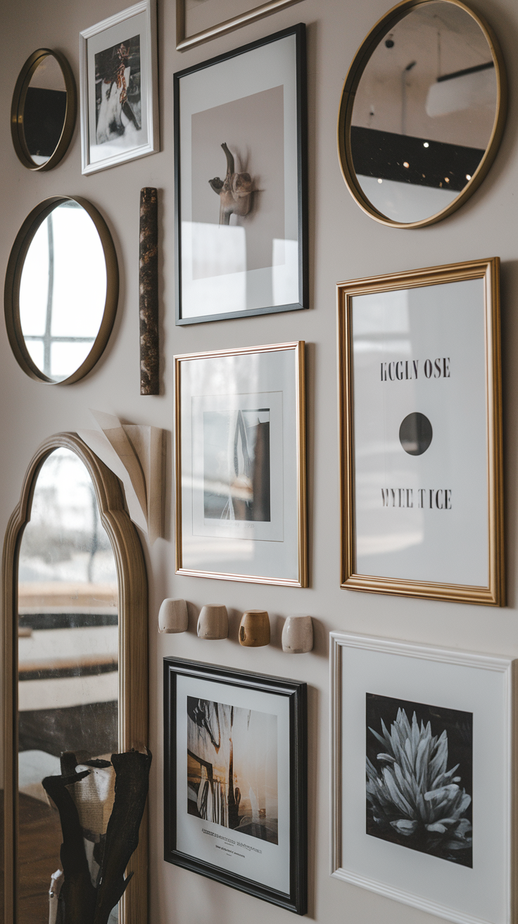 A gallery wall featuring a variety of framed artwork and decorative mirrors.