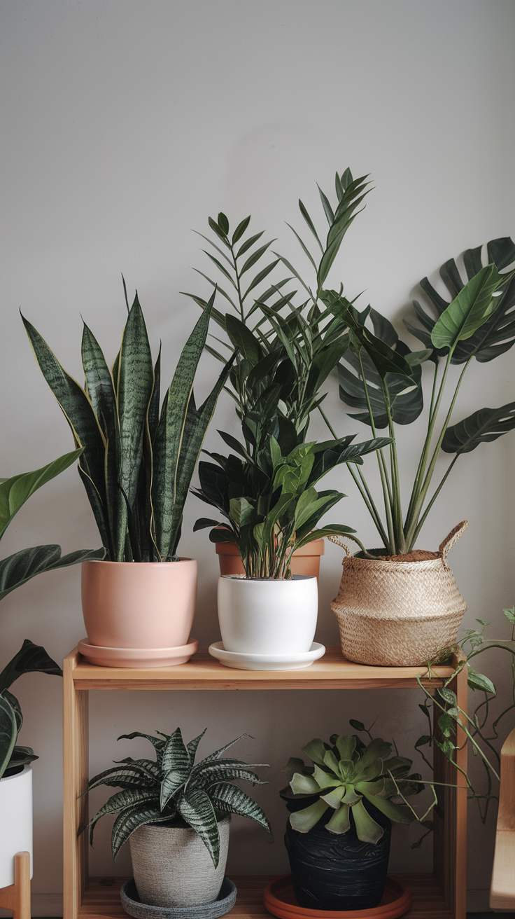 A display of various indoor plants on a wooden shelf, showcasing different pot styles and plant types.