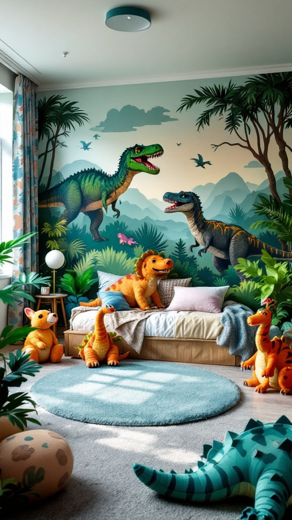 A vibrant kids' room featuring dinosaur wall art and plush dinosaur toys.