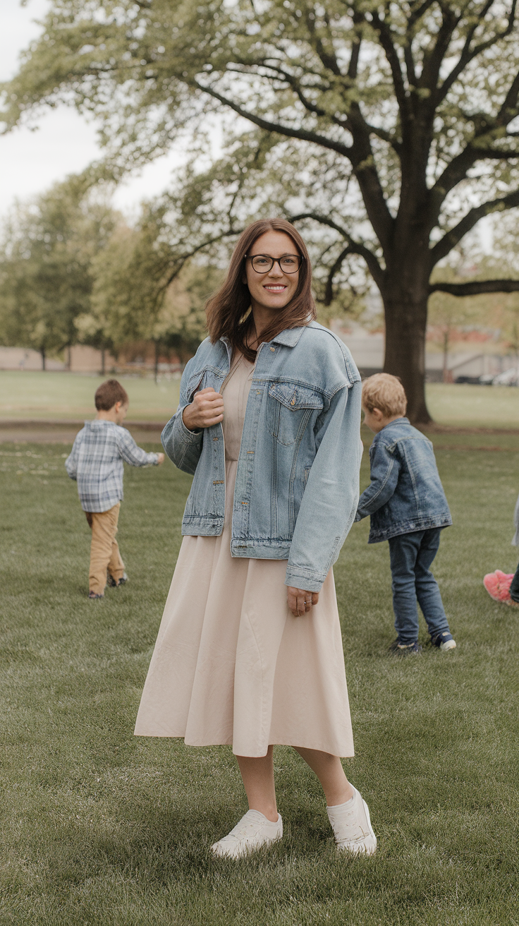 A woman wearing a denim jacket over a dress, smiling in a park with children playing in the background.