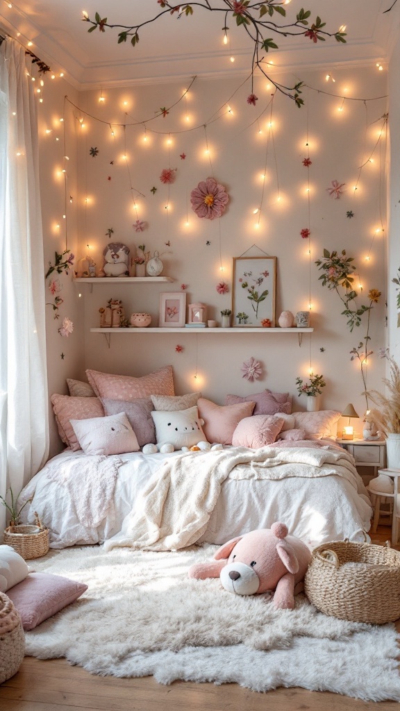 A cozy room decorated with soft pillows, warm lights, and delicate flowers, creating a magical atmosphere.