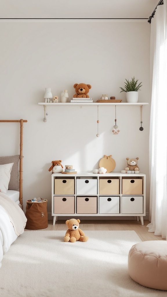 A cozy and minimalist children's room with soft toys and a tidy storage unit.