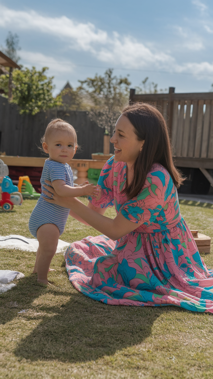 A woman in a colorful floral dress plays with a baby in a casual outdoor setting.