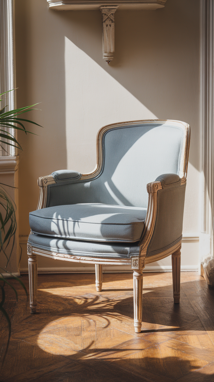 A light blue upholstered chair with wooden legs sitting in a sunlit room.