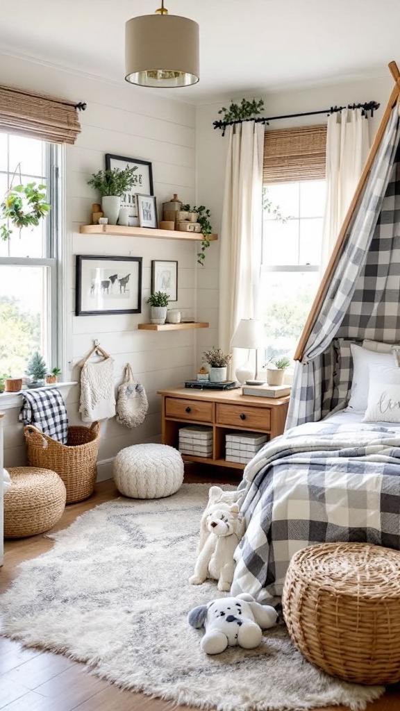 Cozy bedroom with rustic farmhouse decor, featuring a plaid blanket, wooden furniture, and plants.