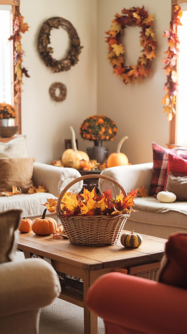 Cozy living room decorated with autumn leaves and pumpkins