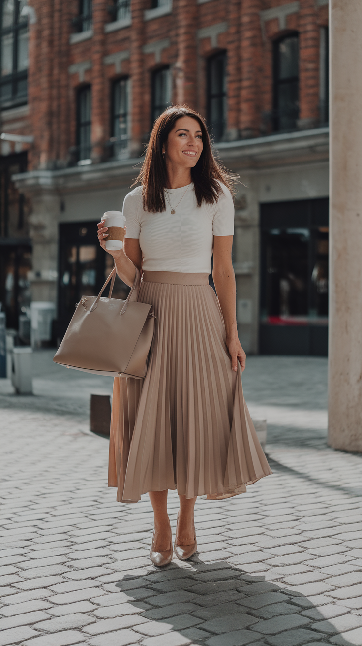 A woman wearing a fitted top and a pleated midi skirt, holding a coffee cup and a tote bag, smiling outdoors.