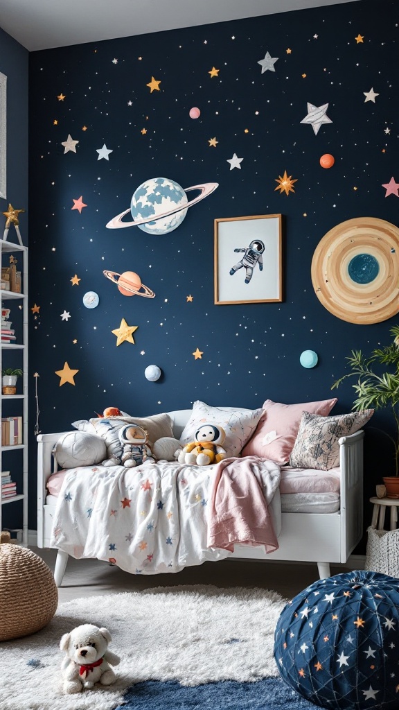 A cozy children's room with a space-themed wall mural featuring stars and planets.