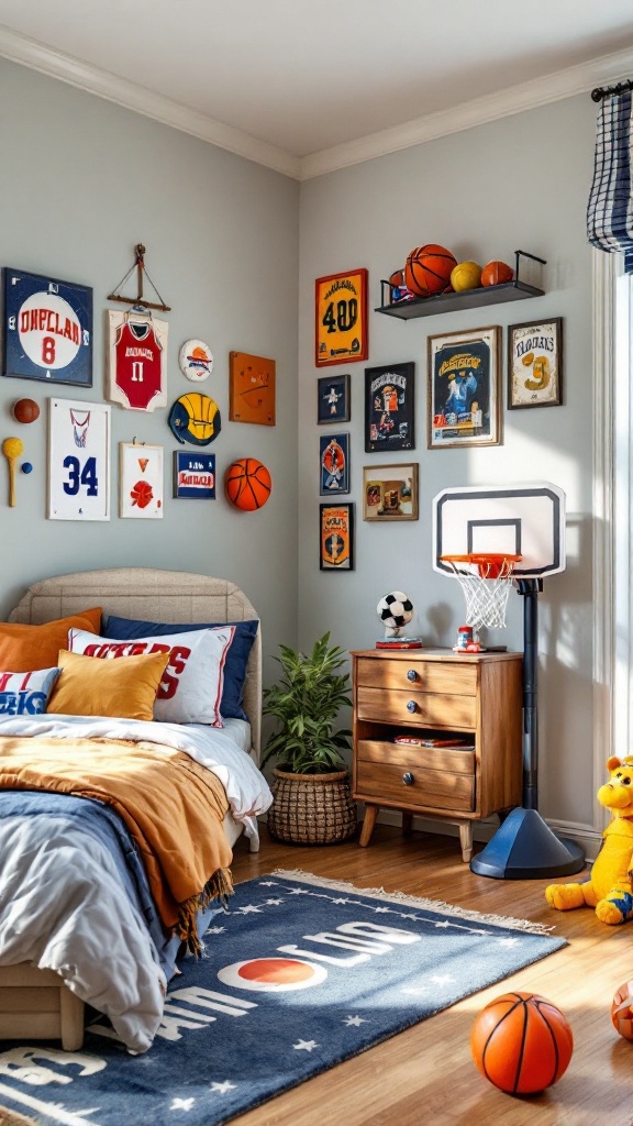 A cozy sports-themed bedroom with basketballs, jerseys, and a mini basketball hoop.