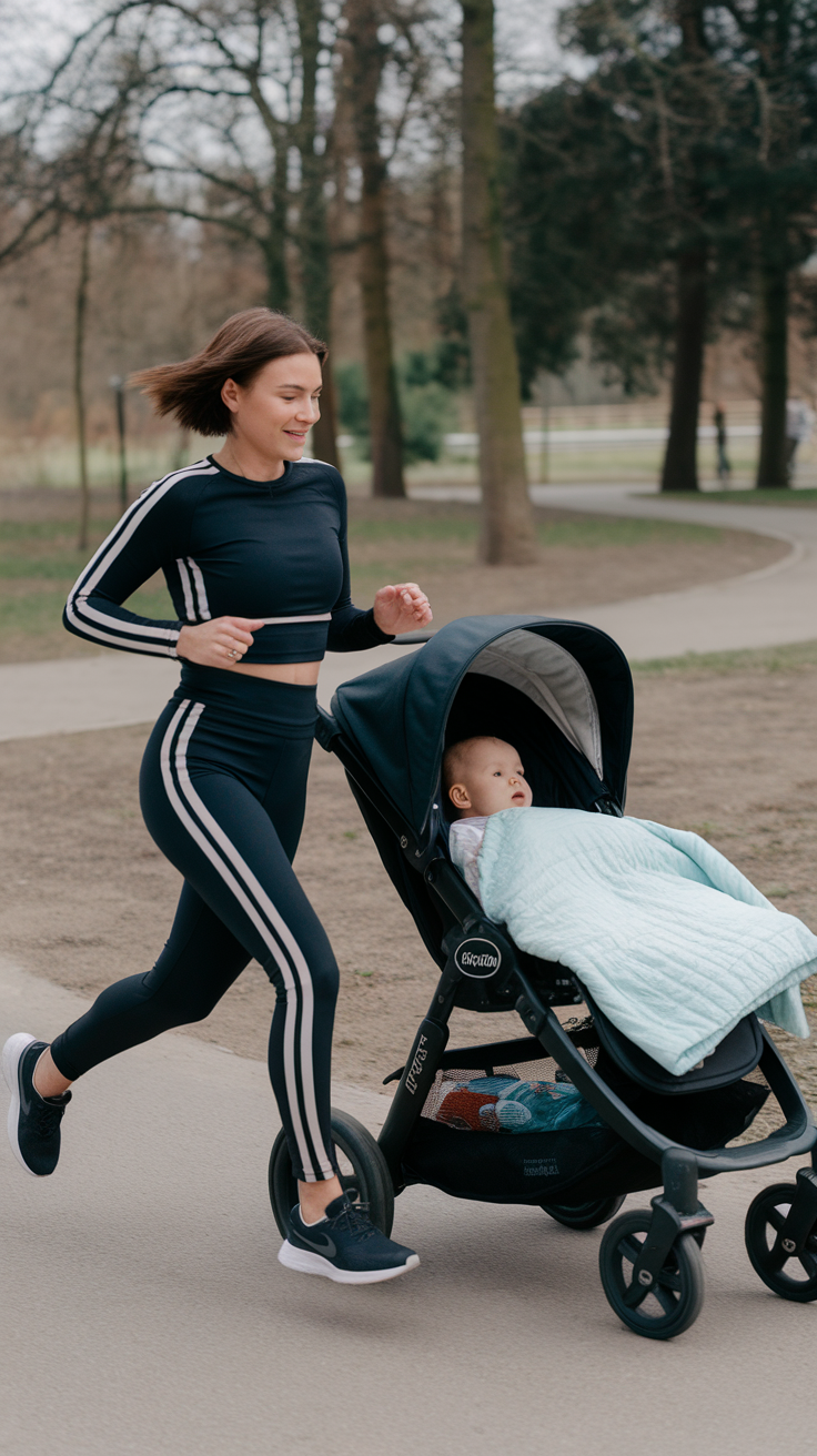 A woman in a navy activewear set jogging with a stroller in a park