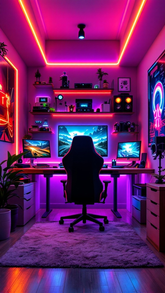 A vibrant gaming setup featuring multiple monitors, colorful LED lights, and a sleek gaming chair.