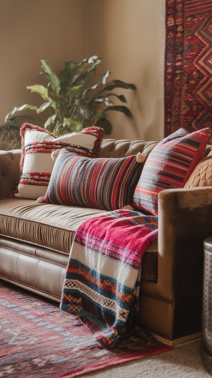 A cozy couch adorned with colorful throw pillows and a vibrant blanket.