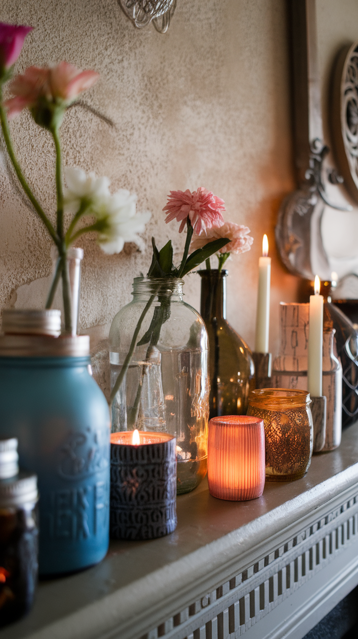 A cozy display of upcycled jars and candles with flowers