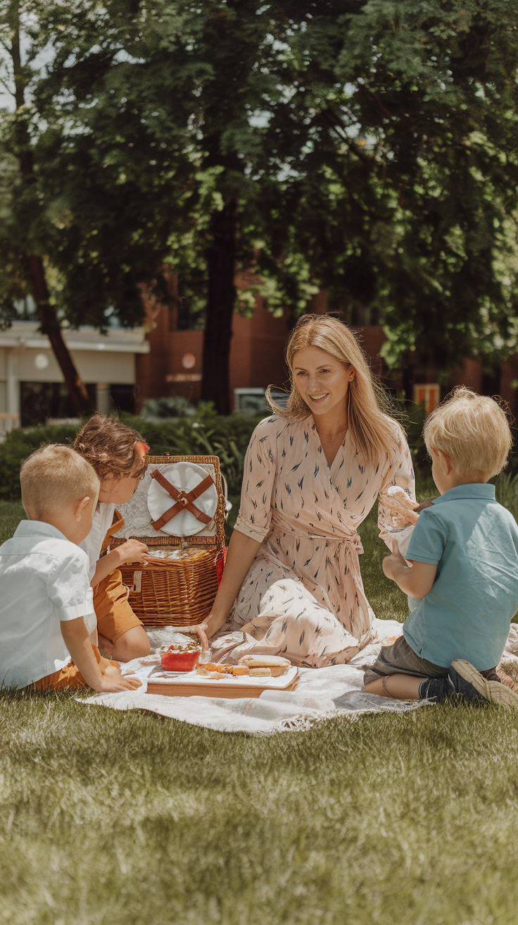 A woman in a wrap dress enjoying a picnic with children.